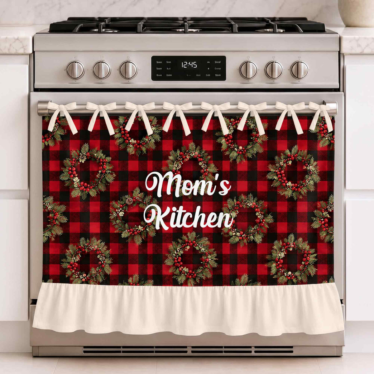Mom's Kitchen Red Buffalo Plaid Christmas Wreath - Personalized Oven Skirt Curtain - MOM455_OSKCU