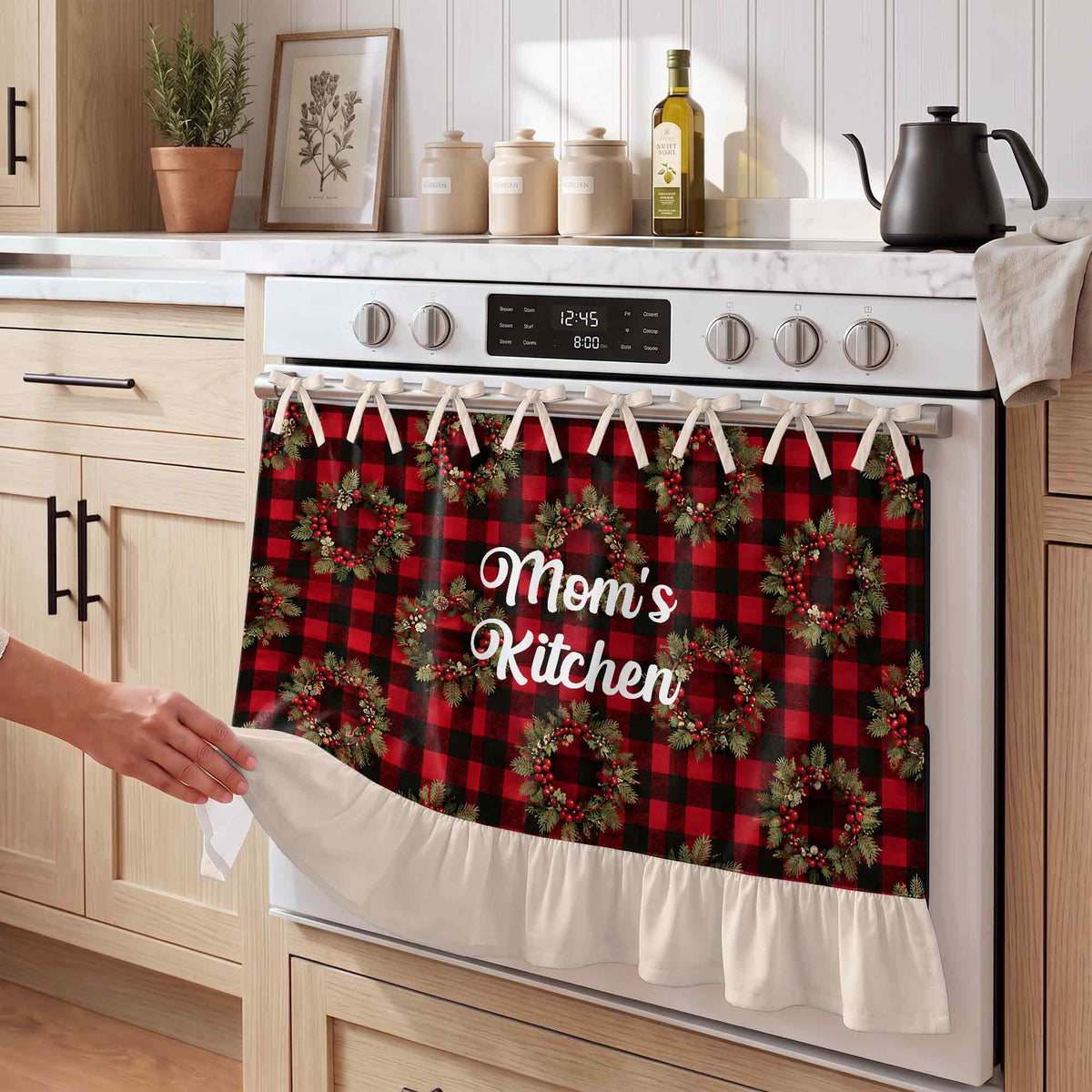 Mom's Kitchen Red Buffalo Plaid Christmas Wreath - Personalized Oven Skirt Curtain - MOM455_OSKCU