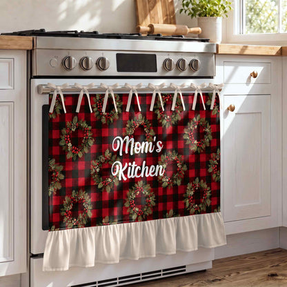 Mom's Kitchen Red Buffalo Plaid Christmas Wreath - Personalized Oven Skirt Curtain - MOM455_OSKCU