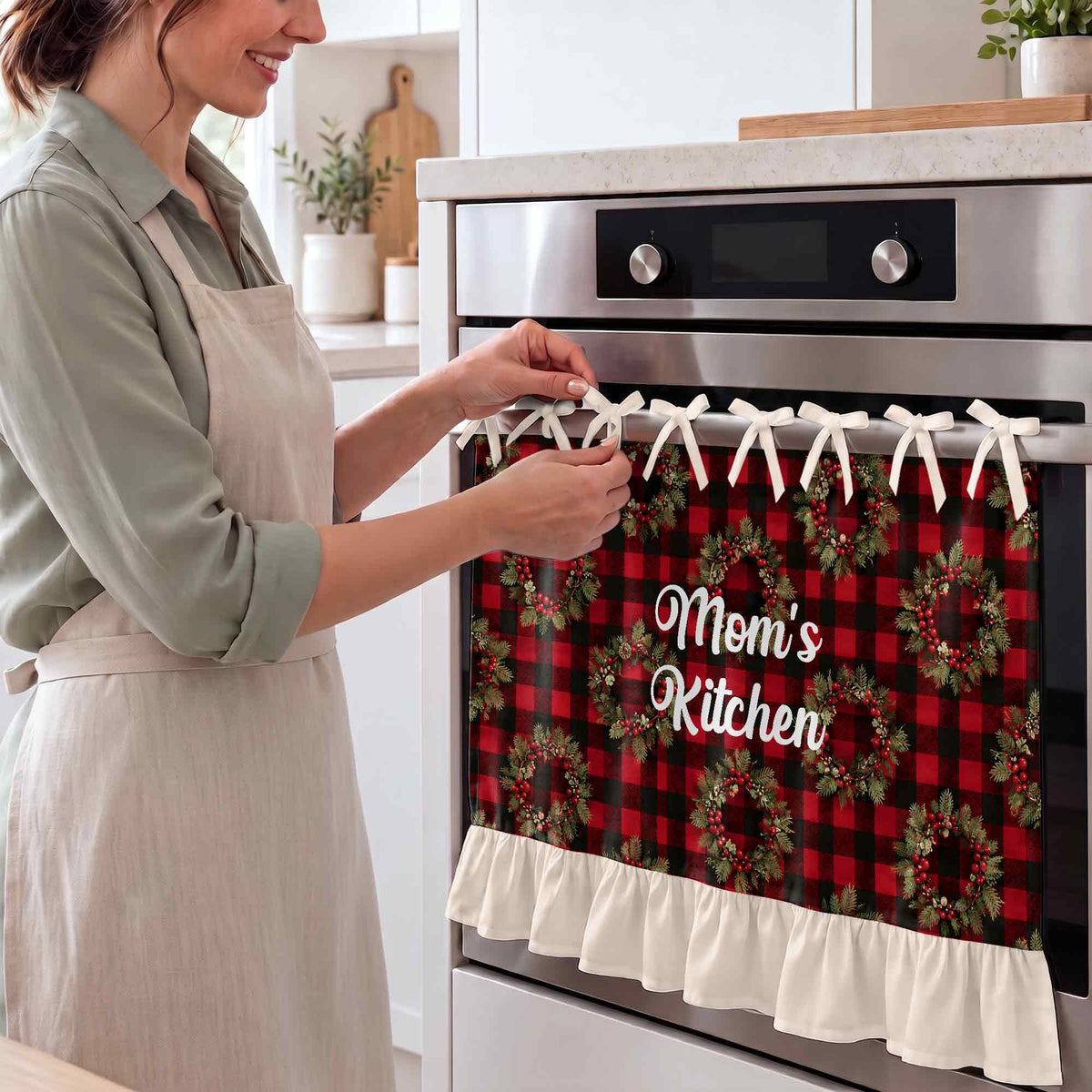 Mom's Kitchen Red Buffalo Plaid Christmas Wreath - Personalized Oven Skirt Curtain - MOM455_OSKCU