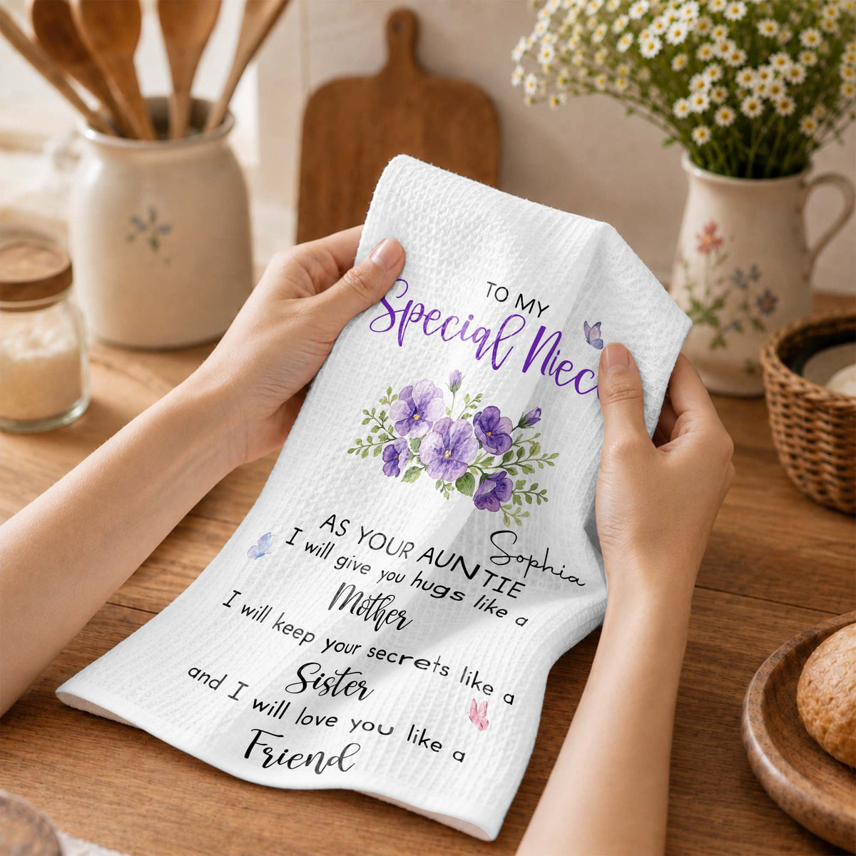 To My Special Niece Hugs Like A Mother Purple Flowers Butterfly - Personalized Kitchen Towel - NCE134_TOWL