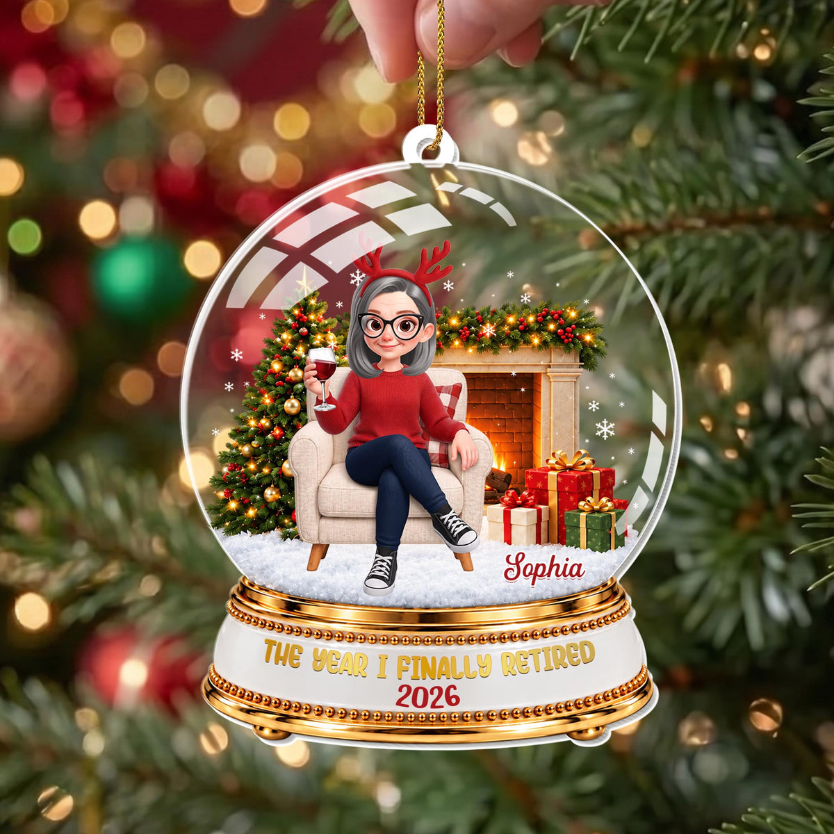 The Year I Finally Retired Snow Globe With Woman And Wine - Personalized Custom Acrylic Ornament, Christmas Gift - RETIRE263_ACO