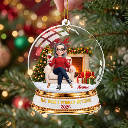 The Year I Finally Retired Snow Globe With Woman And Wine - Personalized Custom Acrylic Ornament, Christmas Gift - RETIRE263_ACO