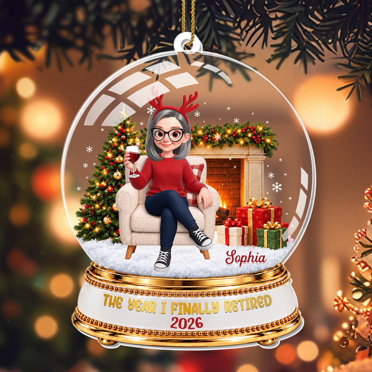 The Year I Finally Retired Snow Globe With Woman And Wine - Personalized Custom Acrylic Ornament, Christmas Gift - RETIRE263_ACO