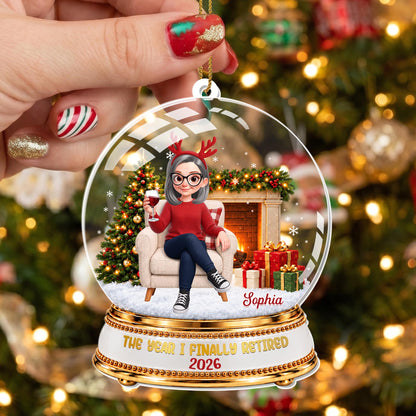 The Year I Finally Retired Snow Globe With Woman And Wine - Personalized Custom Acrylic Ornament, Christmas Gift - RETIRE263_ACO