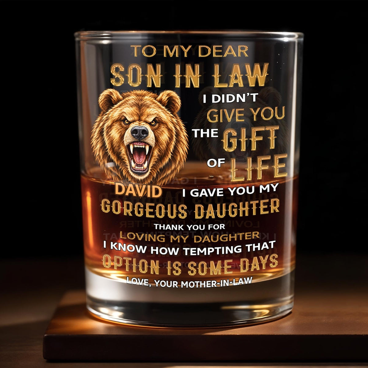 To My Dear Son In Law Grizzly Wild Bear Art - Personalized Custom Whiskey Glass - SILA150_RWG