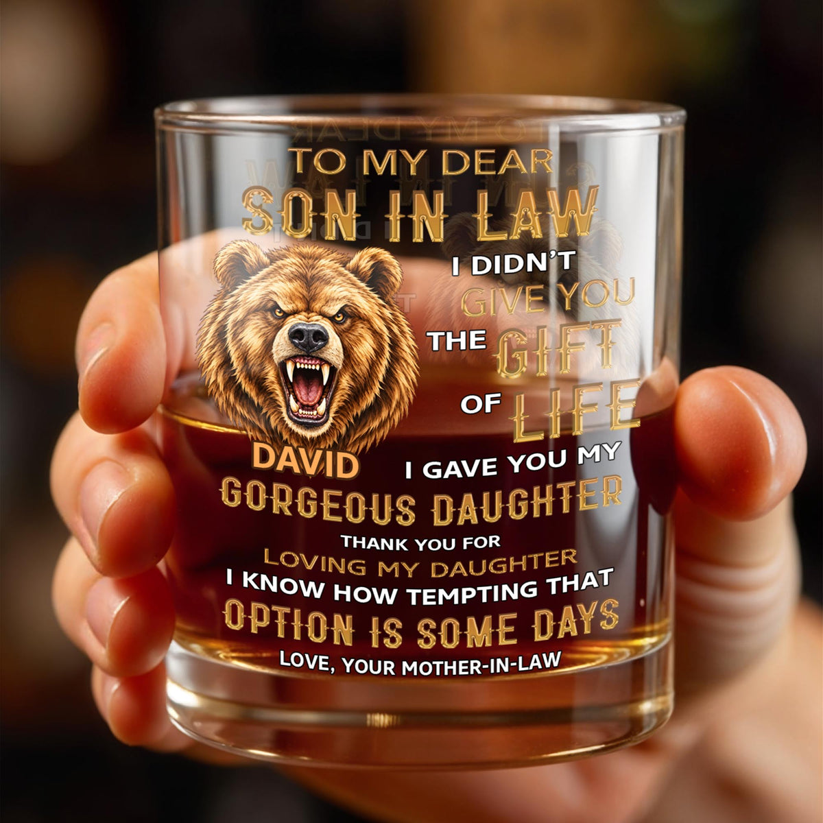 To My Dear Son In Law Grizzly Wild Bear Art - Personalized Custom Whiskey Glass - SILA150_RWG