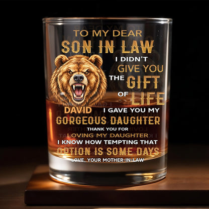 To My Dear Son In Law Grizzly Wild Bear Art - Personalized Custom Whiskey Glass - SILA150_RWG