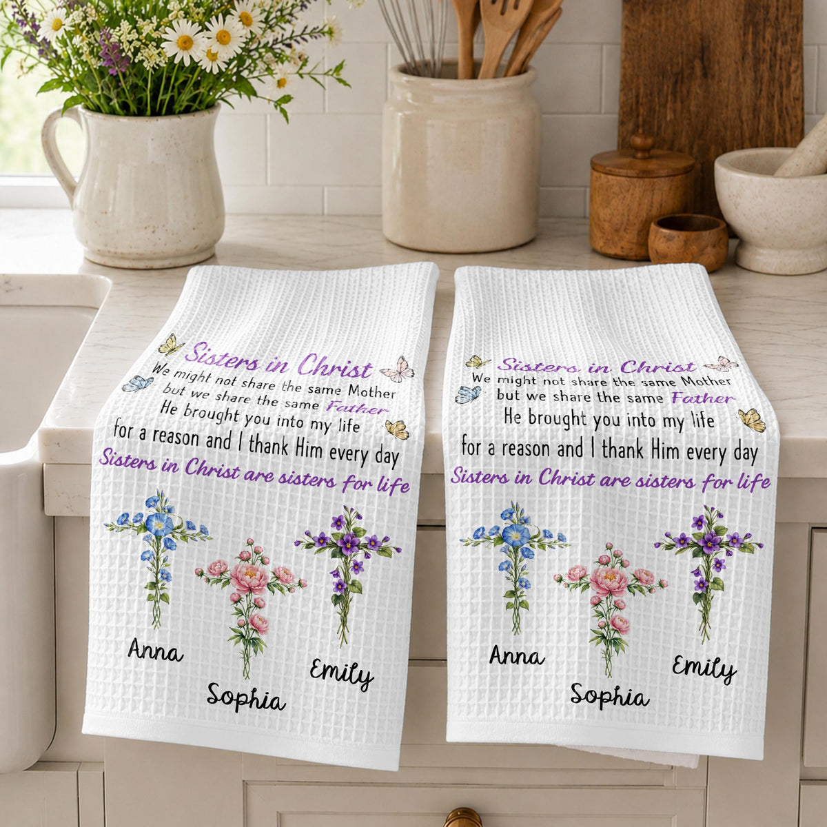 Sisters In Christ We Might Not Share The Same Mother Floral Cross - Personalized Kitchen Towel - SIS274_TOWL