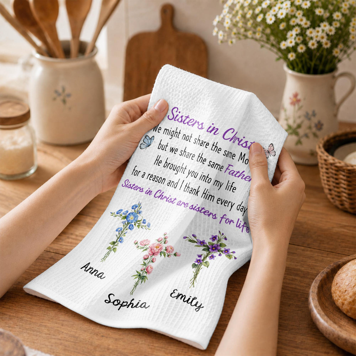 Sisters In Christ We Might Not Share The Same Mother Floral Cross - Personalized Kitchen Towel - SIS274_TOWL