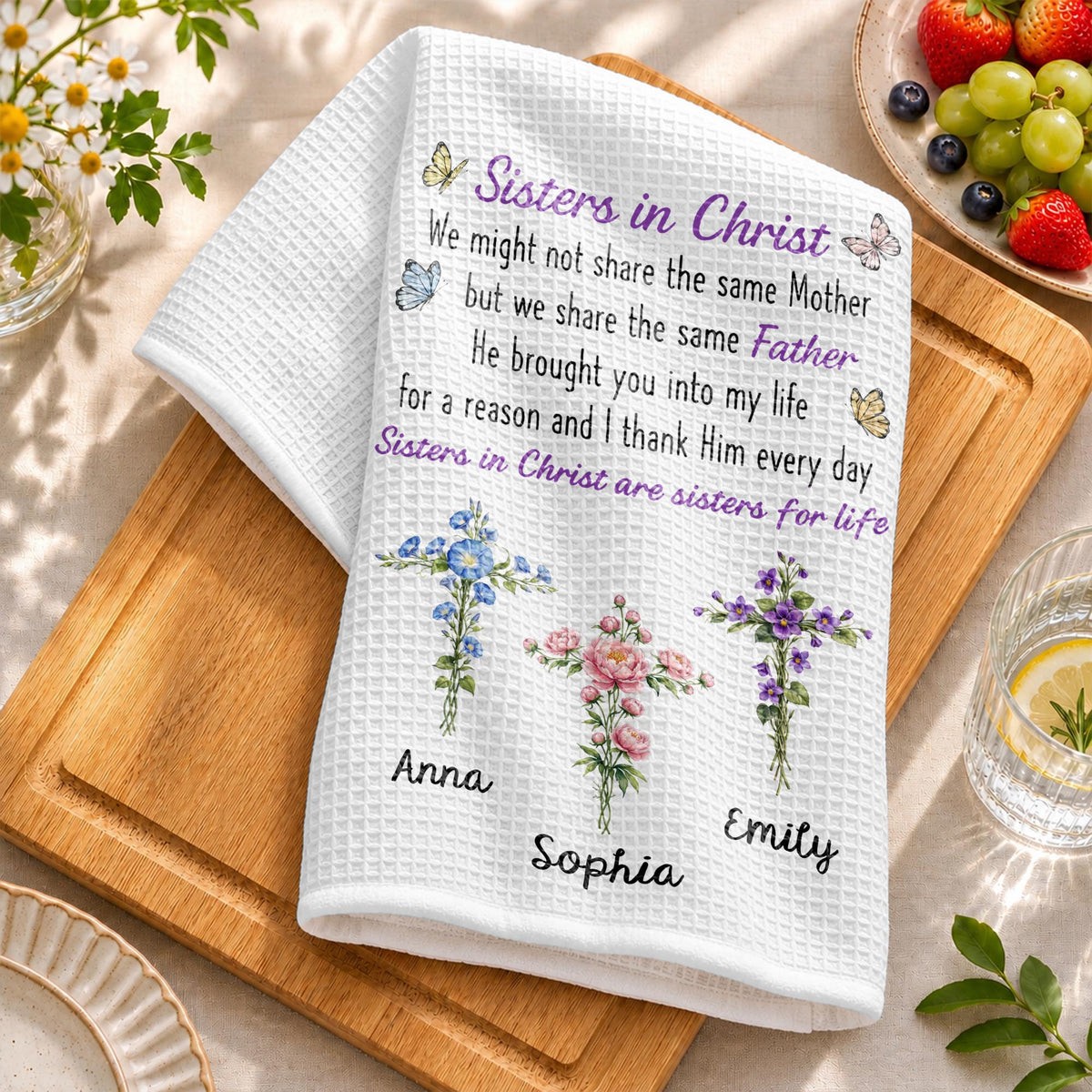 Sisters In Christ We Might Not Share The Same Mother Floral Cross - Personalized Kitchen Towel - SIS274_TOWL