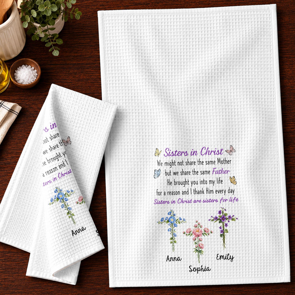 Sisters In Christ We Might Not Share The Same Mother Floral Cross - Personalized Kitchen Towel - SIS274_TOWL