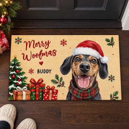 Personalized Watercolor Santa Dog Welcome Doormat