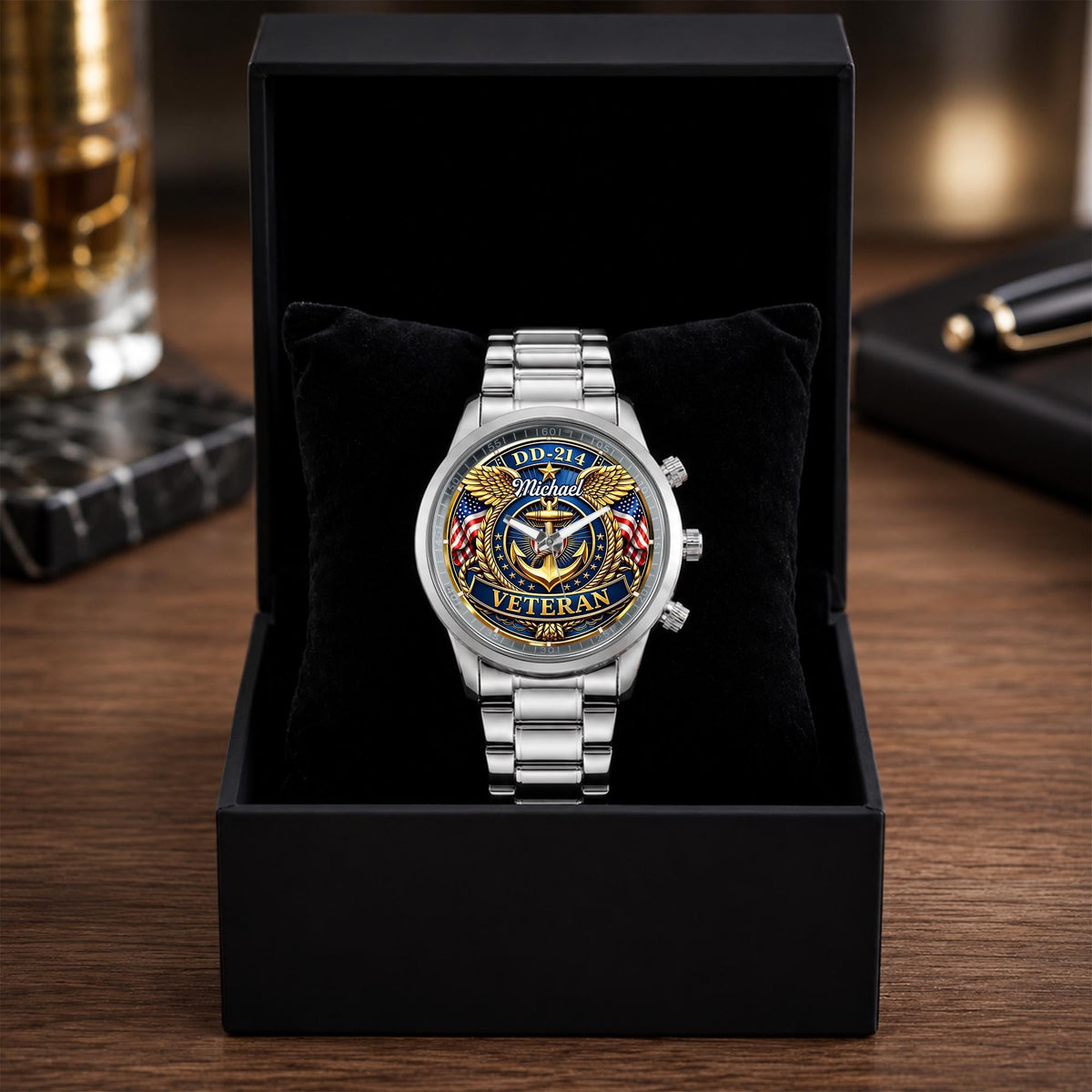 DD-214 Veteran US Navy Anchor And Wings Design - Personalized Custom Men's Watch - VTR025_CUMWA