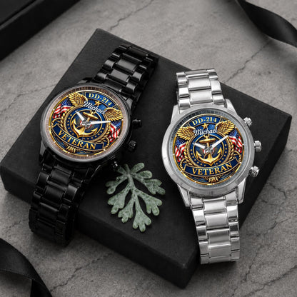 DD-214 Veteran US Navy Anchor And Wings Design - Personalized Custom Men's Watch - VTR025_CUMWA