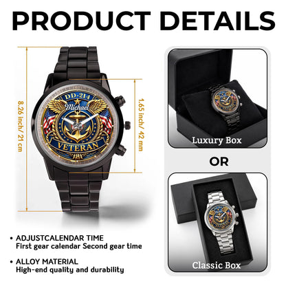 DD-214 Veteran US Navy Anchor And Wings Design - Personalized Custom Men's Watch - VTR025_CUMWA