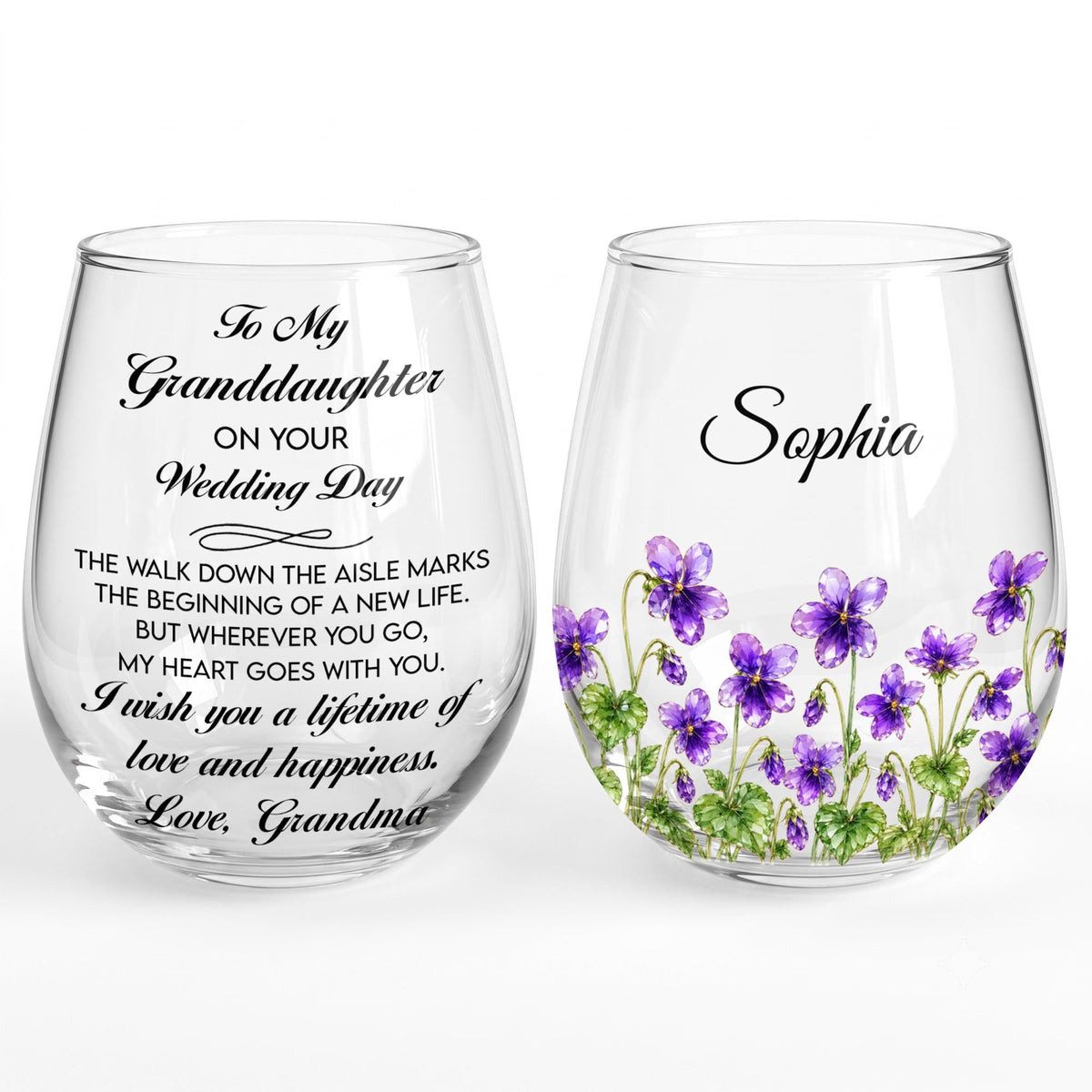 To My Granddaughter On Your Wedding Day Purple Flowers - Personalized Stemless Wine Glass - WEDD053_WIGL