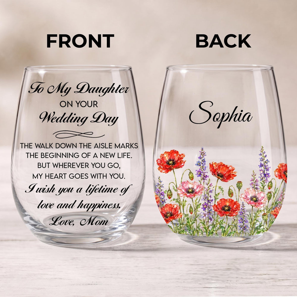 Personalized Wedding Day Granddaughter Flowers Stemless Wine Glass