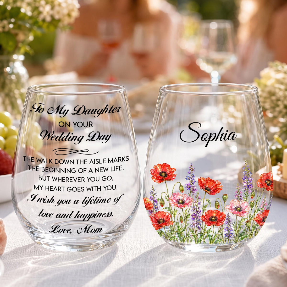 To My Granddaughter On Your Wedding Day Purple Flowers - Personalized Stemless Wine Glass - WEDD053_WIGL
