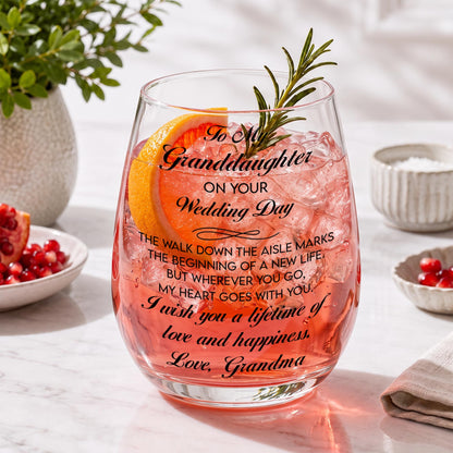 To My Granddaughter On Your Wedding Day Purple Flowers - Personalized Stemless Wine Glass - WEDD053_WIGL