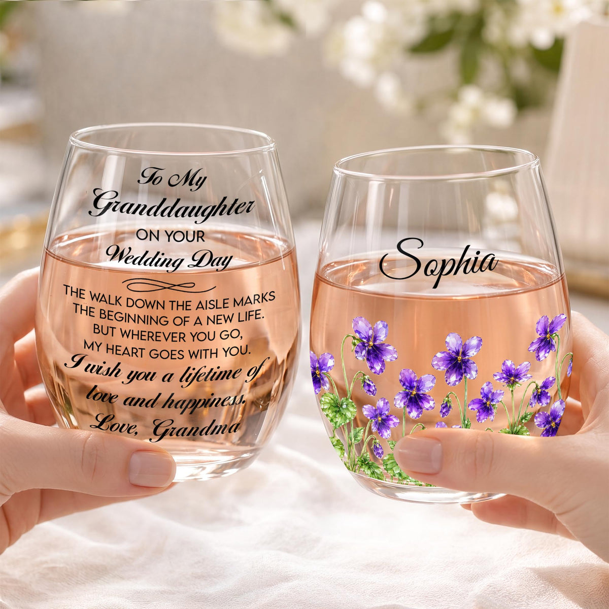 To My Granddaughter On Your Wedding Day Purple Flowers - Personalized Stemless Wine Glass - WEDD053_WIGL