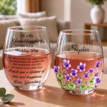 To My Granddaughter On Your Wedding Day Purple Flowers - Personalized Stemless Wine Glass - WEDD053_WIGL