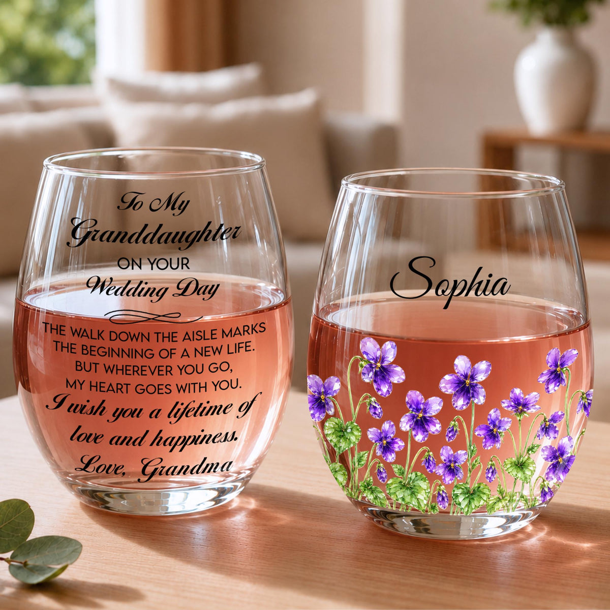 Personalized Wedding Day Granddaughter Flowers Stemless Wine Glass