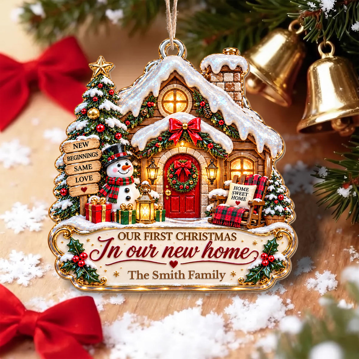 Personalized First Christmas In New Home Snowman Wood Ornament