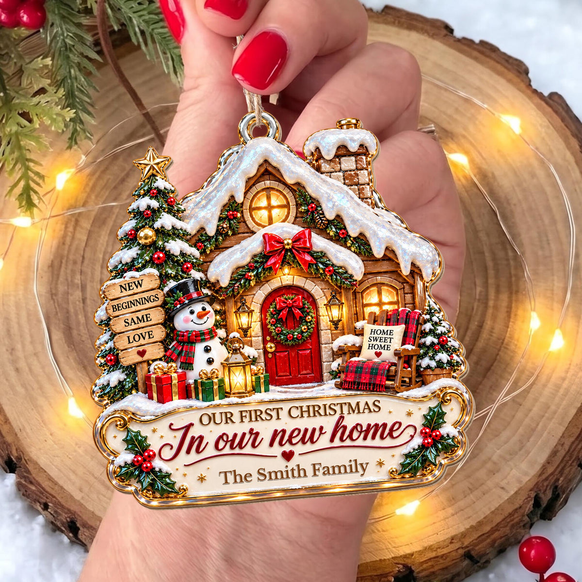 Personalized First Christmas In New Home Snowman Wood Ornament