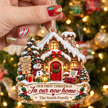 Personalized First Christmas In New Home Snowman Wood Ornament