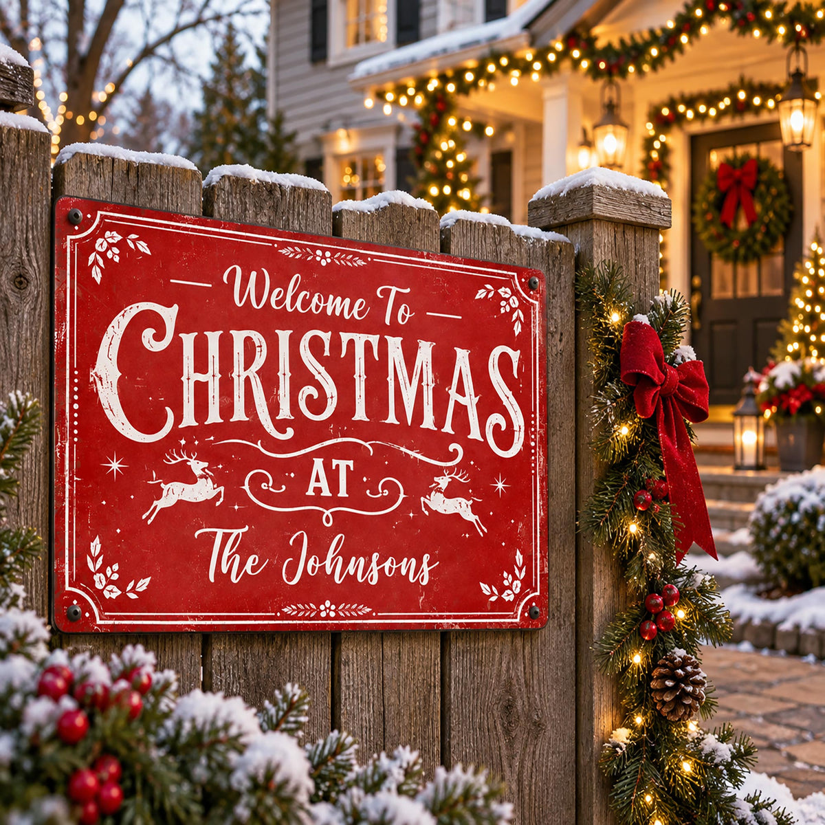 Welcome To Christmas At Our Home Reindeer Leaves - Personalized Metal Sign - XMAS337_MSIGN