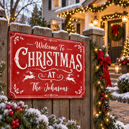 Welcome To Christmas At Our Home Reindeer Leaves - Personalized Metal Sign - XMAS337_MSIGN