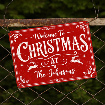Welcome To Christmas At Our Home Reindeer Leaves - Personalized Metal Sign - XMAS337_MSIGN