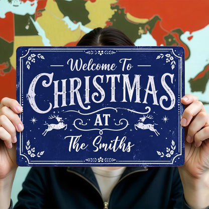 Welcome To Christmas At Our Home Reindeer Leaves - Personalized Metal Sign - XMAS337_MSIGN