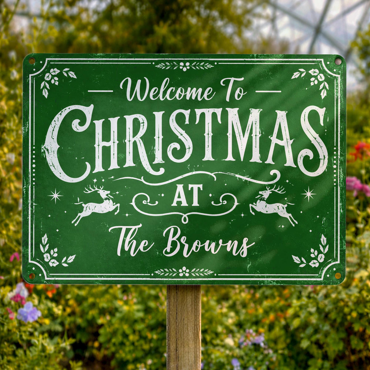 Welcome To Christmas At Our Home Reindeer Leaves - Personalized Metal Sign - XMAS337_MSIGN
