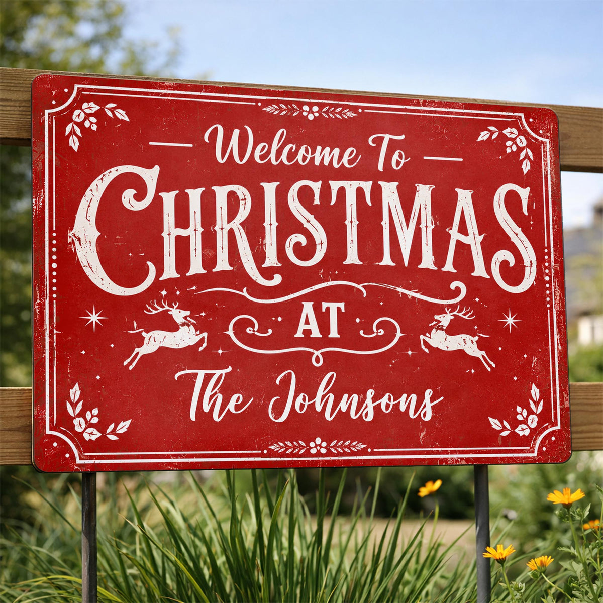 Welcome To Christmas At Our Home Reindeer Leaves - Personalized Metal Sign - XMAS337_MSIGN