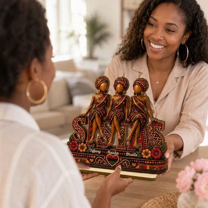 Personalized Wooden Plaque with Seated Sistas Art, Unique Gift for Close Friends & Sisters