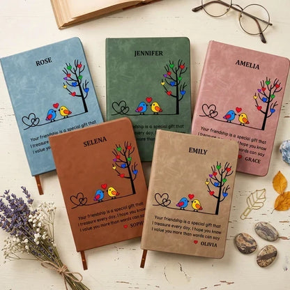 Personalized Leather Journal with Colorful Birds Beside a Heart Tree, Unique Gift for Best Friend