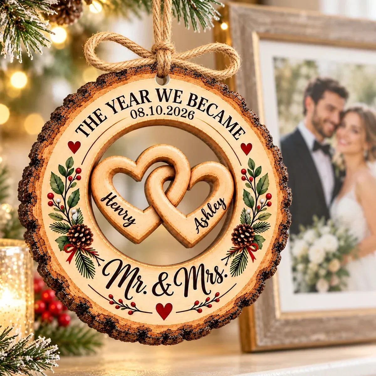 Personalized Wooden Ornament, The Year We Became Mr & Mrs, Warm Wedding Keepsake, Creative Gift for Newlyweds