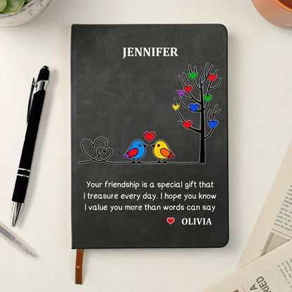 Personalized Leather Journal with Colorful Birds Beside a Heart Tree, Unique Gift for Best Friend