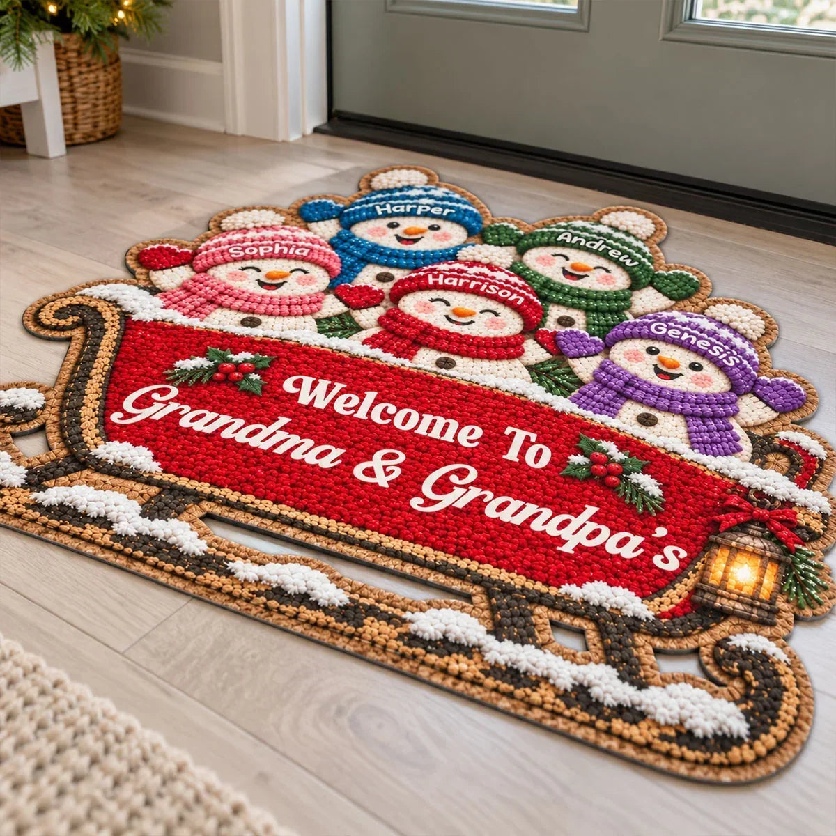 Personalized Shaped Doormat with Snowman Family on a Sleigh, Christmas Decor, Unique Gift for Grandparents