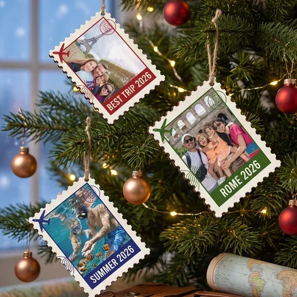 Personalized Wooden Ornament, Postage Stamp Family Travel Photo, Unique Christmas Gift for Family