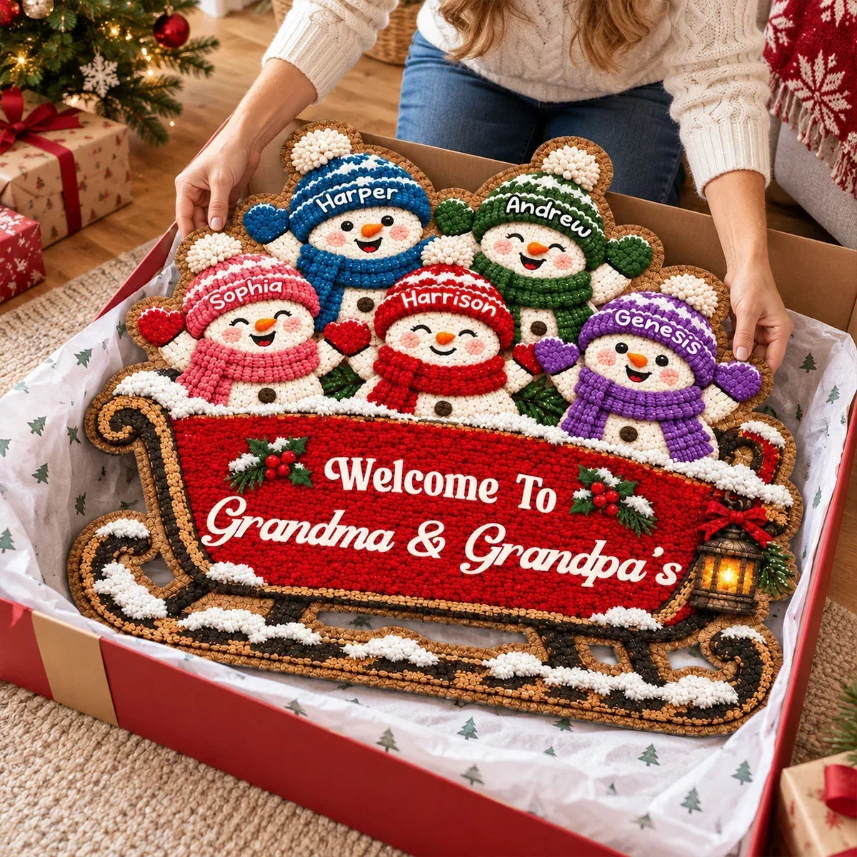 Personalized Shaped Doormat with Snowman Family on a Sleigh, Christmas Decor, Unique Gift for Grandparents