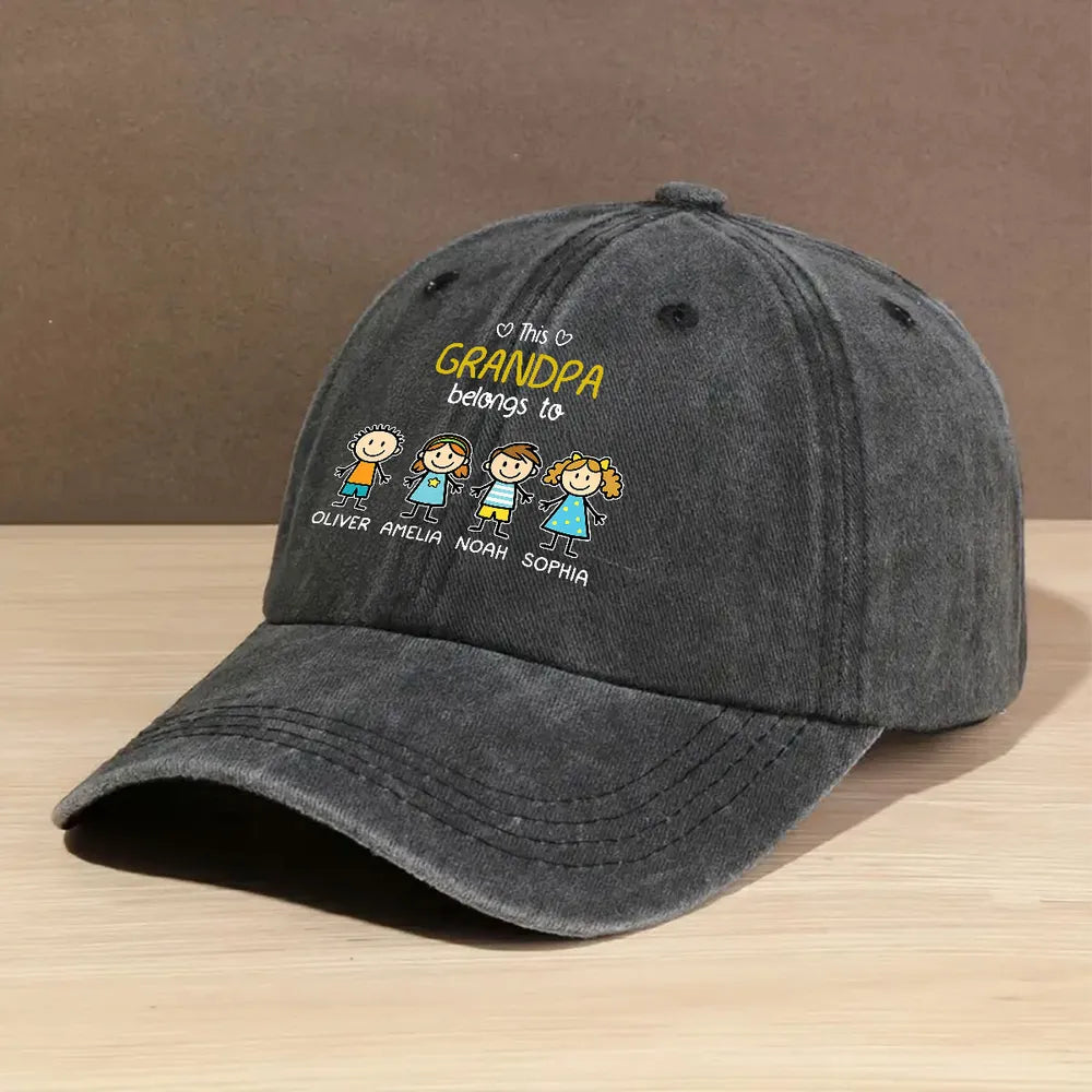 Personalized Washed Denim Baseball Cap For Grandpa, This Grandpa Belongs To, Creative Family Gift