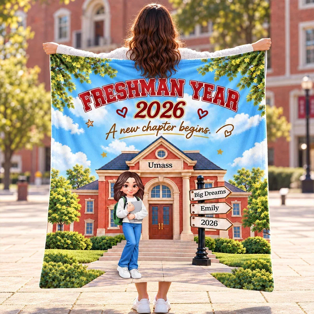 Personalized Fleece Blanket, Student Holding Books on a Sunny Campus, Unique College Gift