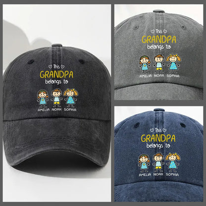 Personalized Washed Denim Baseball Cap For Grandpa, This Grandpa Belongs To, Creative Family Gift