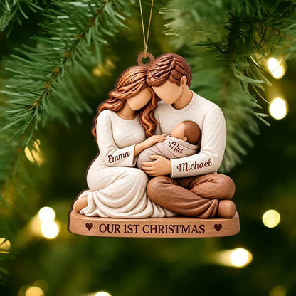 Personalized Wooden Ornament, Parents Cradling Baby, First Christmas Unique Gift for New Parents