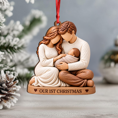 Personalized Wooden Ornament, Parents Cradling Baby, First Christmas Unique Gift for New Parents