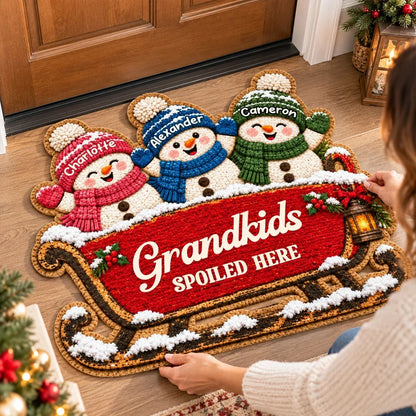 Personalized Shaped Doormat with Snowman Family on a Sleigh, Christmas Decor, Unique Gift for Grandparents