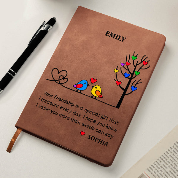 Personalized Leather Journal with Colorful Birds Beside a Heart Tree, Unique Gift for Best Friend